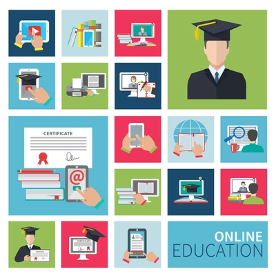 Online school and university distance education flat icons set isolated vector illustration