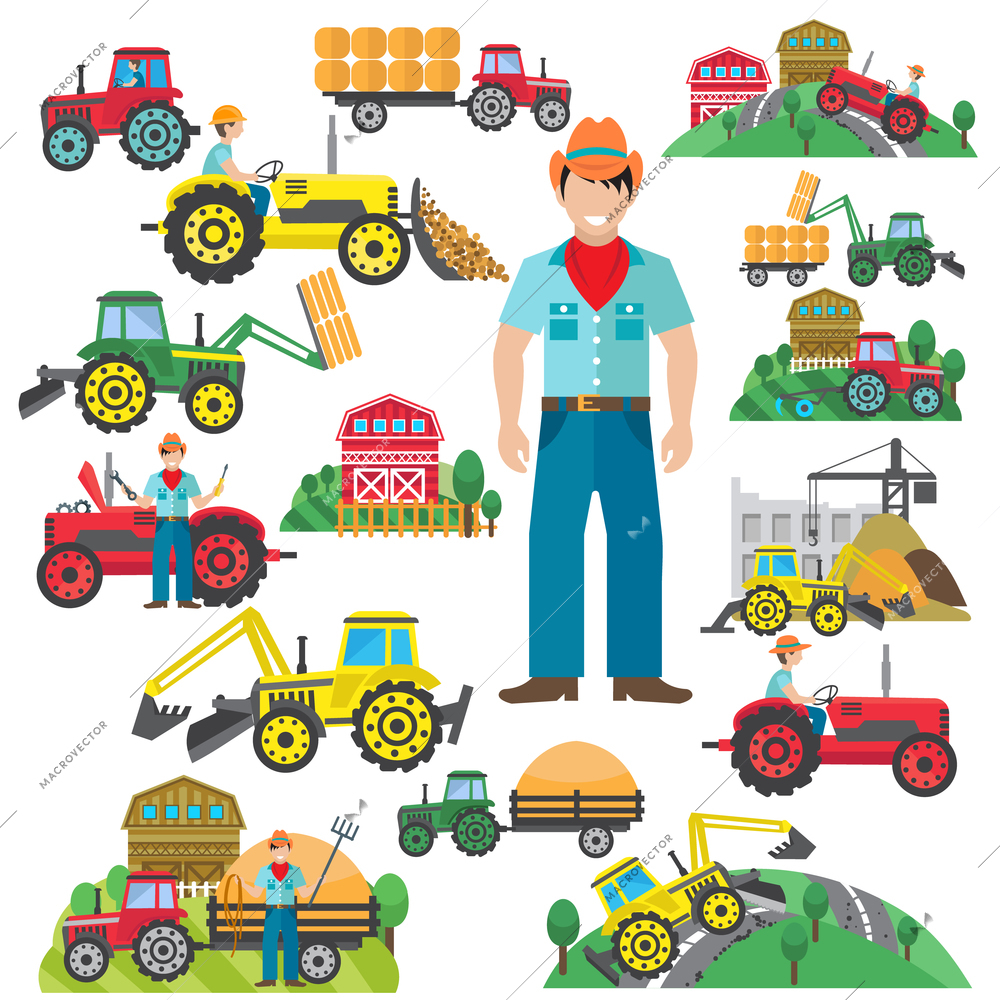 Farm tractor and industrial excavator driver icons set flat isolated vector illustration