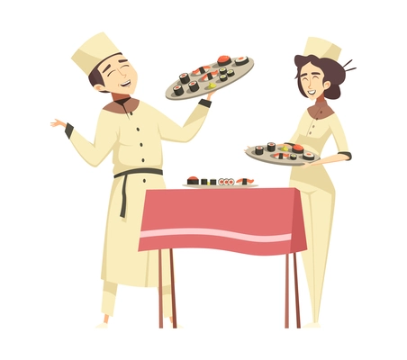 Professional cooking composition with characters of chefs preparing food on blank background vector illustration