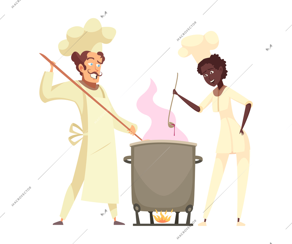 Professional cooking composition with characters of chefs preparing food on blank background vector illustration