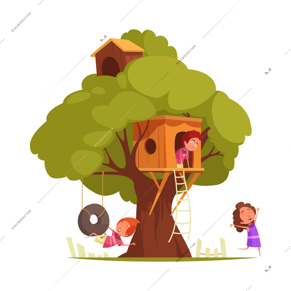 Tree house children composition with isolated view of tree with hanging cabins ladders and playing kids vector illustration