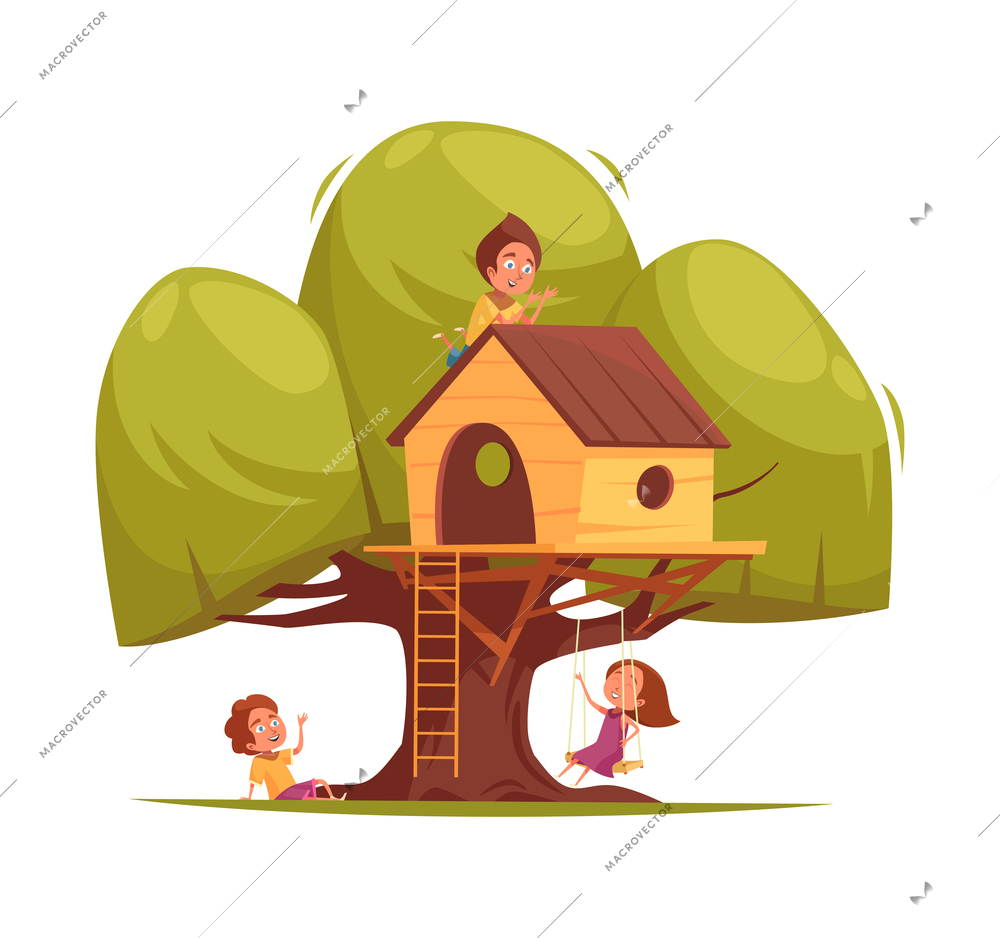 Tree house children composition with isolated view of tree with hanging cabins ladders and playing kids vector illustration