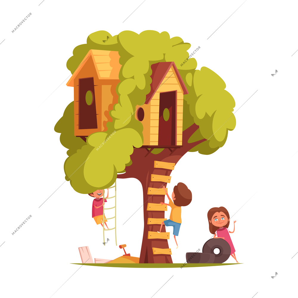 Tree house children composition with isolated view of tree with hanging cabins ladders and playing kids vector illustration