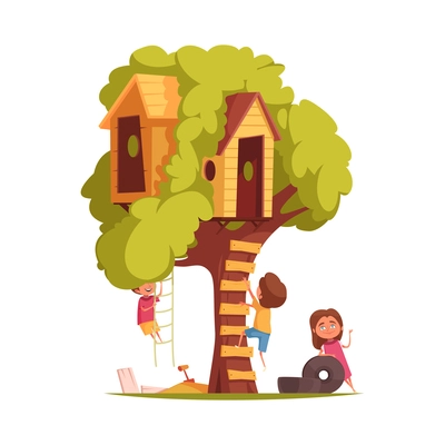 Tree house children composition with isolated view of tree with hanging cabins ladders and playing kids vector illustration