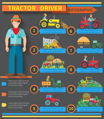 Tractor driver infographics set with farm and construction machinery symbols vector illustration