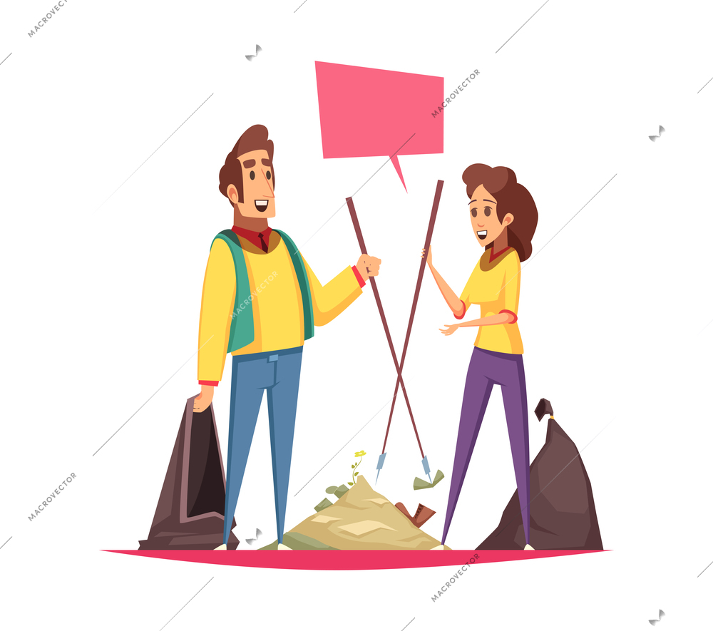 Volunteering composition with isolated view of doodle style characters cleaning up environment vector illustration