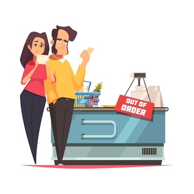 Queue people composition with doodle style human characters at store checkout vector illustration