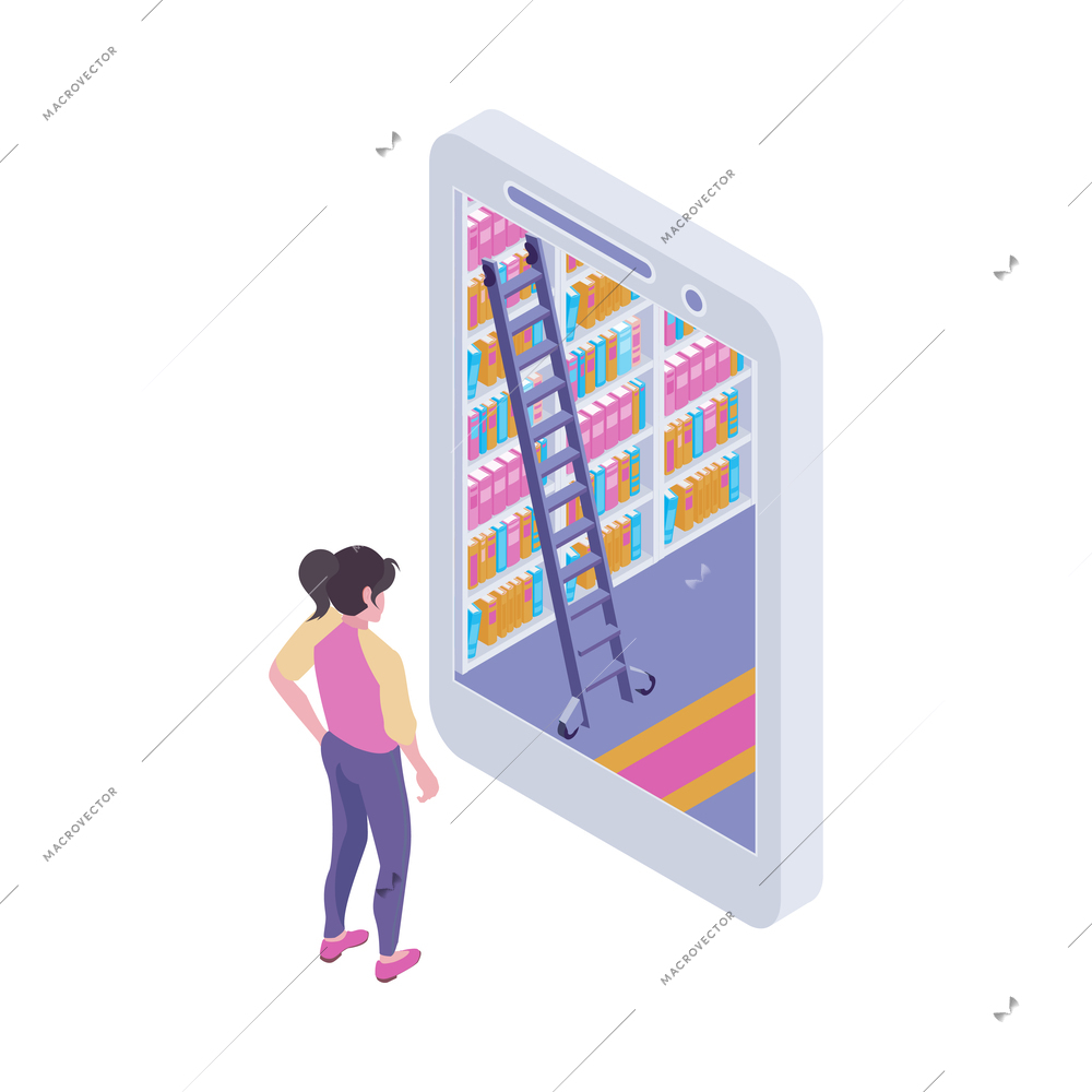 Isometric online library isolated composition of book electronic library reading icons on blank background vector illustration