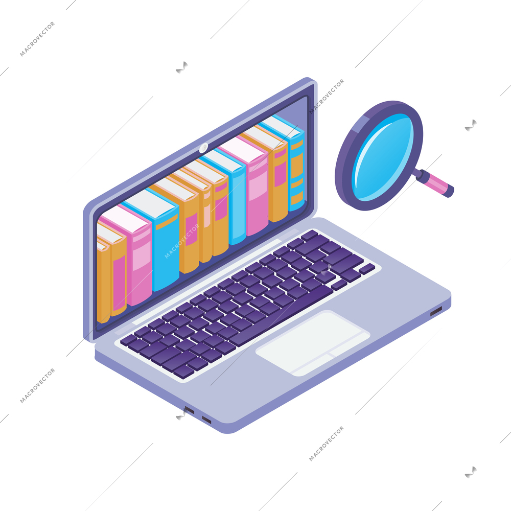 Isometric online library isolated composition of book electronic library reading icons on blank background vector illustration