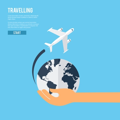 World travel aircraft jet flying around the earth globe icon  with caring holding hand abstract vector illustration