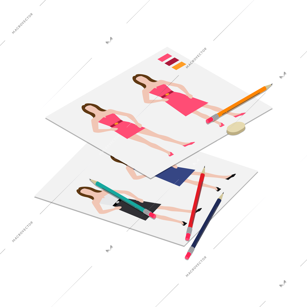 Clothes factory sewing isometric composition with isolated textile making image on blank background vector illustration