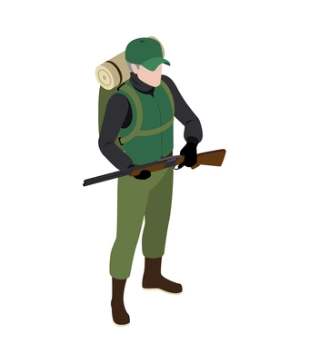 Hunting composition with isometric icons and human character of male hunter on blank background vector illustration