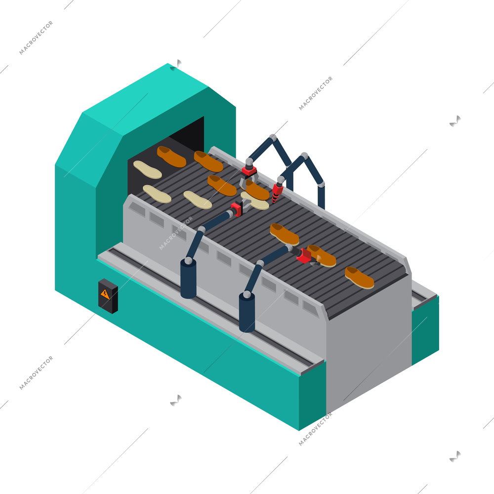 Footwear factory shoes production isometric composition with isolated bootmaking image on blank background vector illustration