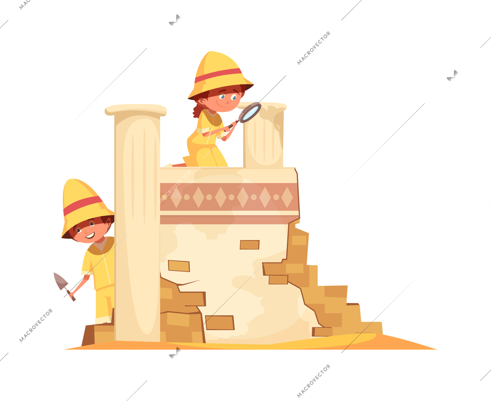 Archeology composition with icons of treasure tombs ancient architecture and doodle characters isolated vector illustration