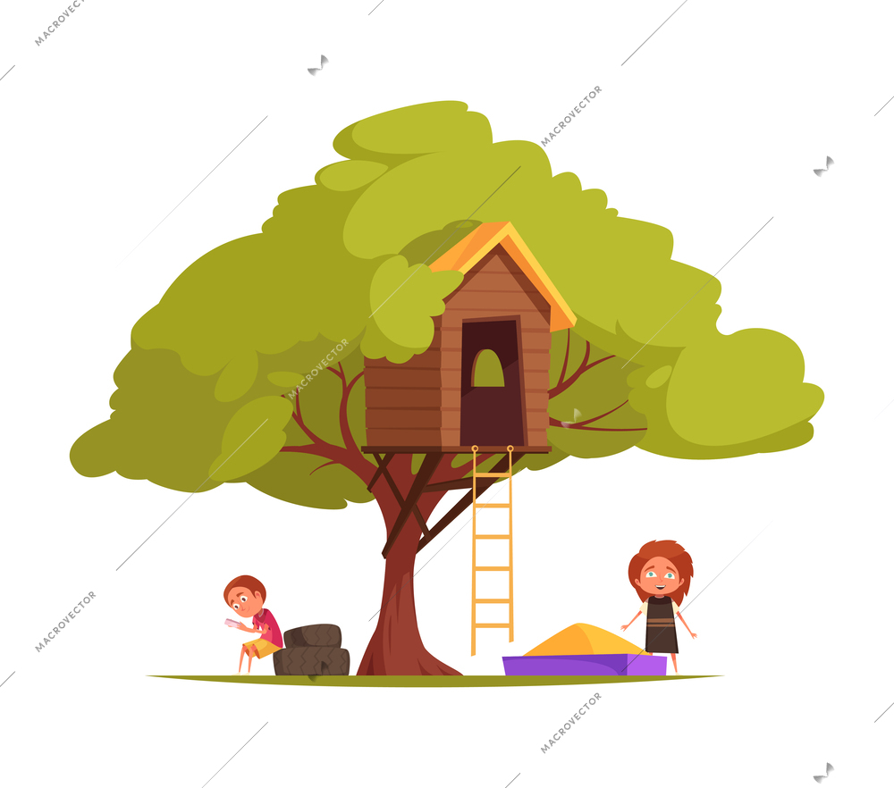 Tree house children composition with isolated view of tree with hanging cabins ladders and playing kids vector illustration