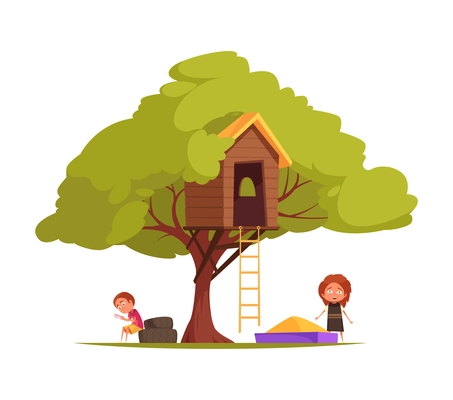 Tree house children composition with isolated view of tree with hanging cabins ladders and playing kids vector illustration