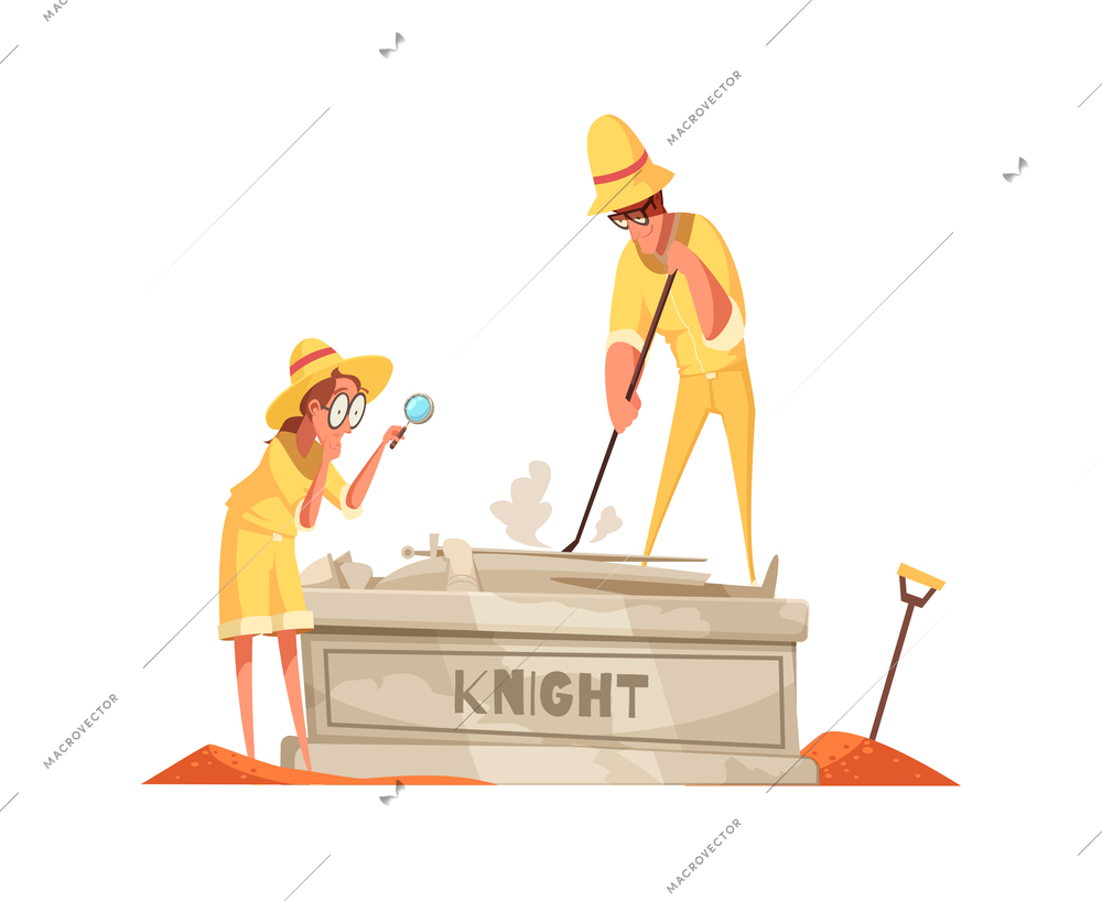 Archeology composition with icons of treasure tombs ancient architecture and doodle characters isolated vector illustration