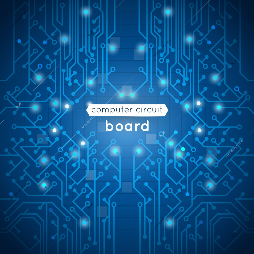 Computer circuit board poster with hardware motherboard processor on blue background vector illustration