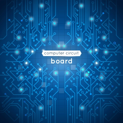 Computer circuit board poster with hardware motherboard processor on blue background vector illustration