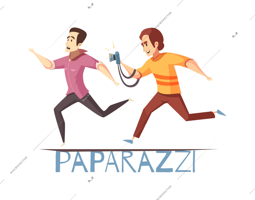 Paparazzi composition with doodle style human character of secret photographer on blank background vector illustration