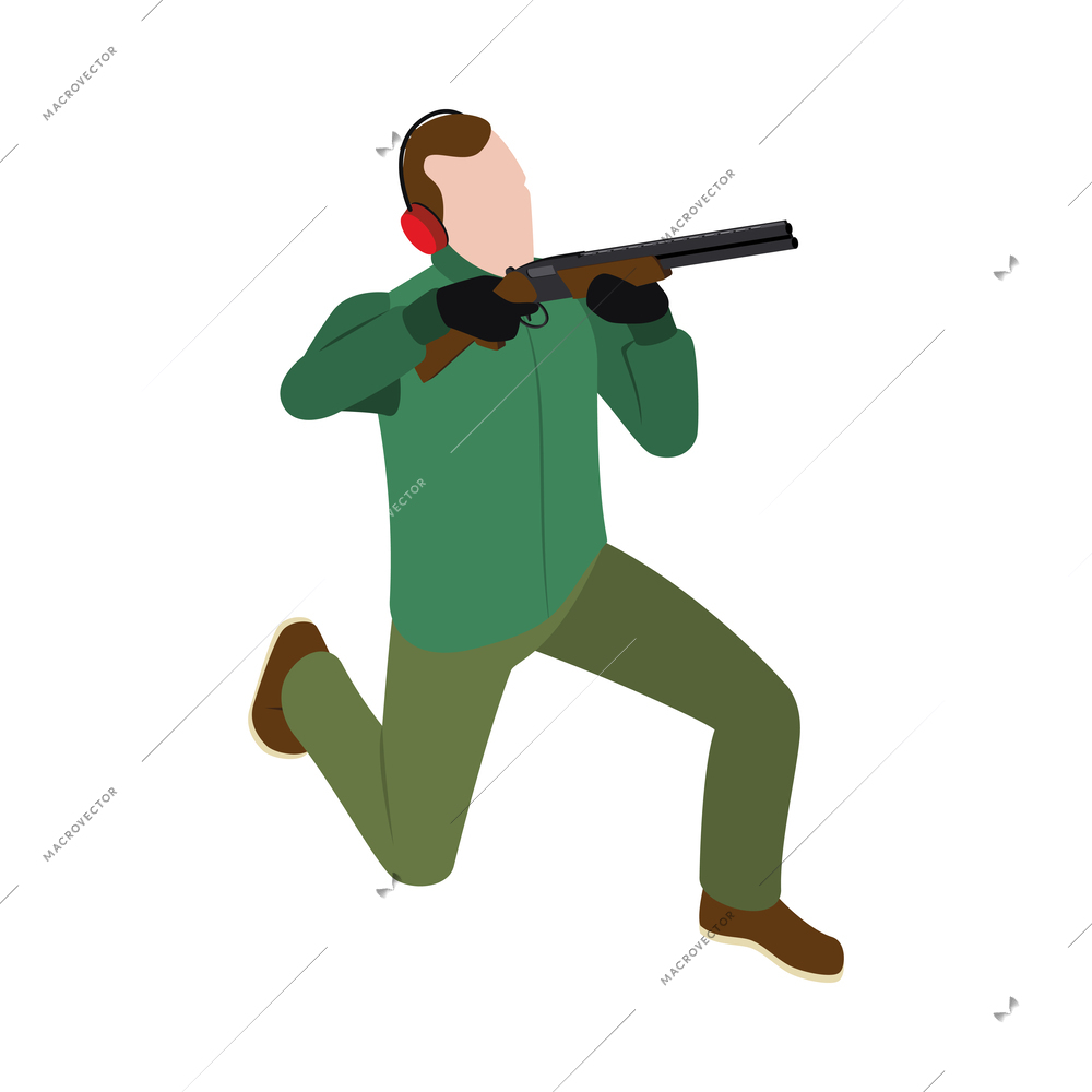 Hunting composition with isometric icons and human character of male hunter on blank background vector illustration
