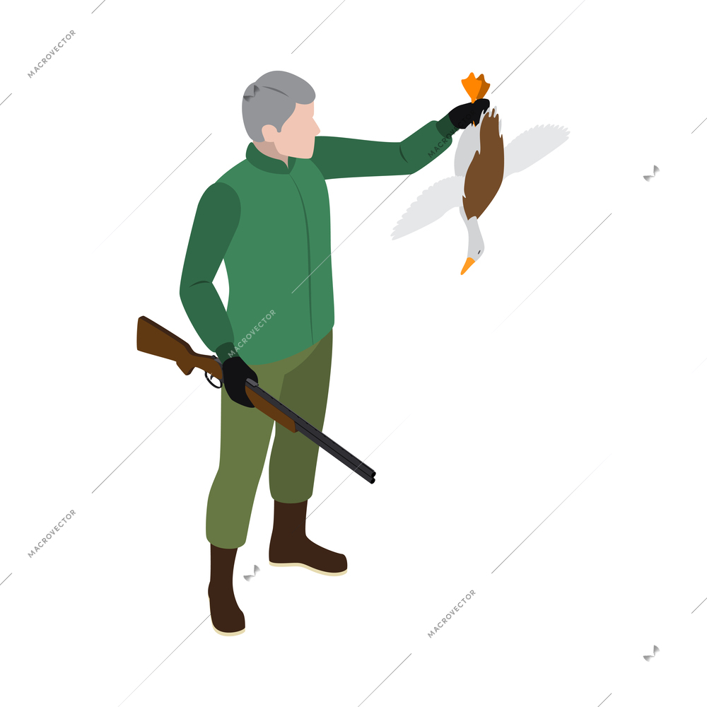 Hunting composition with isometric icons and human character of male hunter on blank background vector illustration