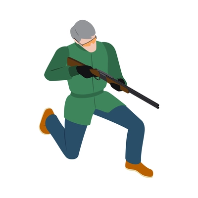 Hunting composition with isometric icons and human character of male hunter on blank background vector illustration