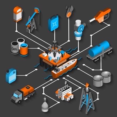 Petroleum isometric flowchart decorative concept with oil shipping and transportation symbols vector illustration