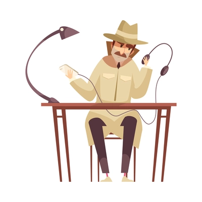 Private detective spy composition with isolated doodle style character of investigating man vector illustration