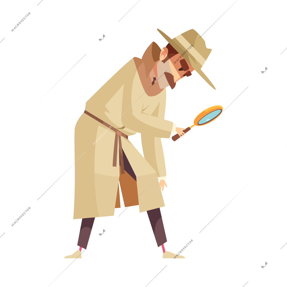 Private detective spy composition with isolated doodle style character of investigating man vector illustration