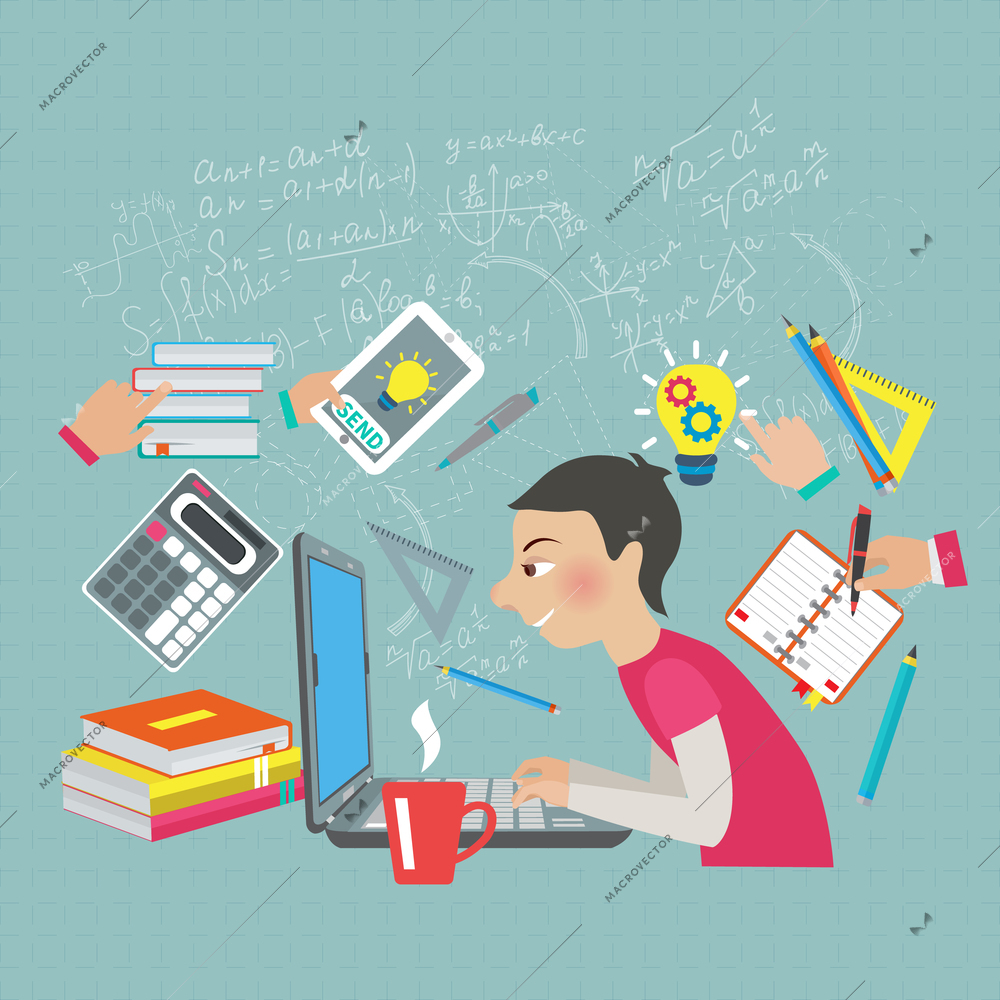 Student at notebook computer with mathematics symbols and formula on the background vector illustration