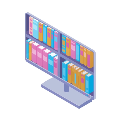 Isometric online library isolated composition of book electronic library reading icons on blank background vector illustration