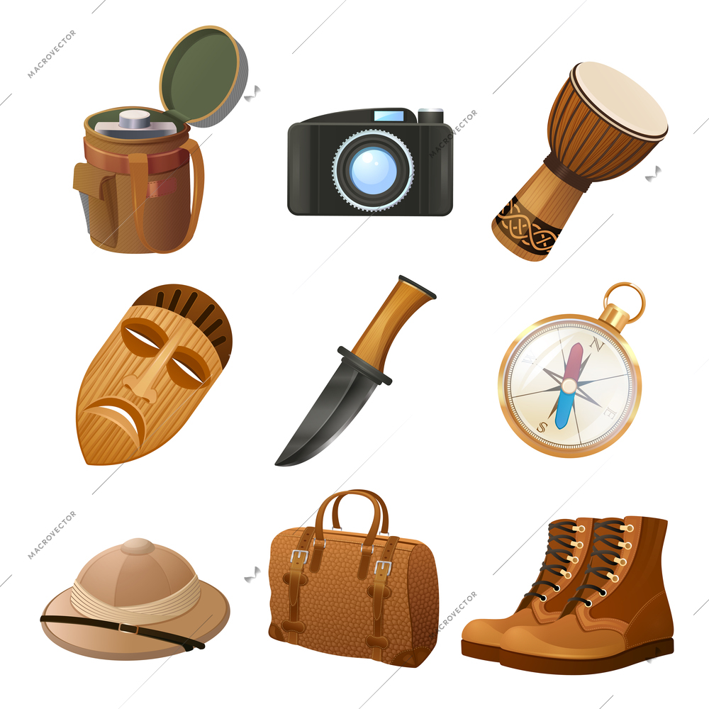 African jungle travel decorative icons set with flask camera drum isolated vector illustration
