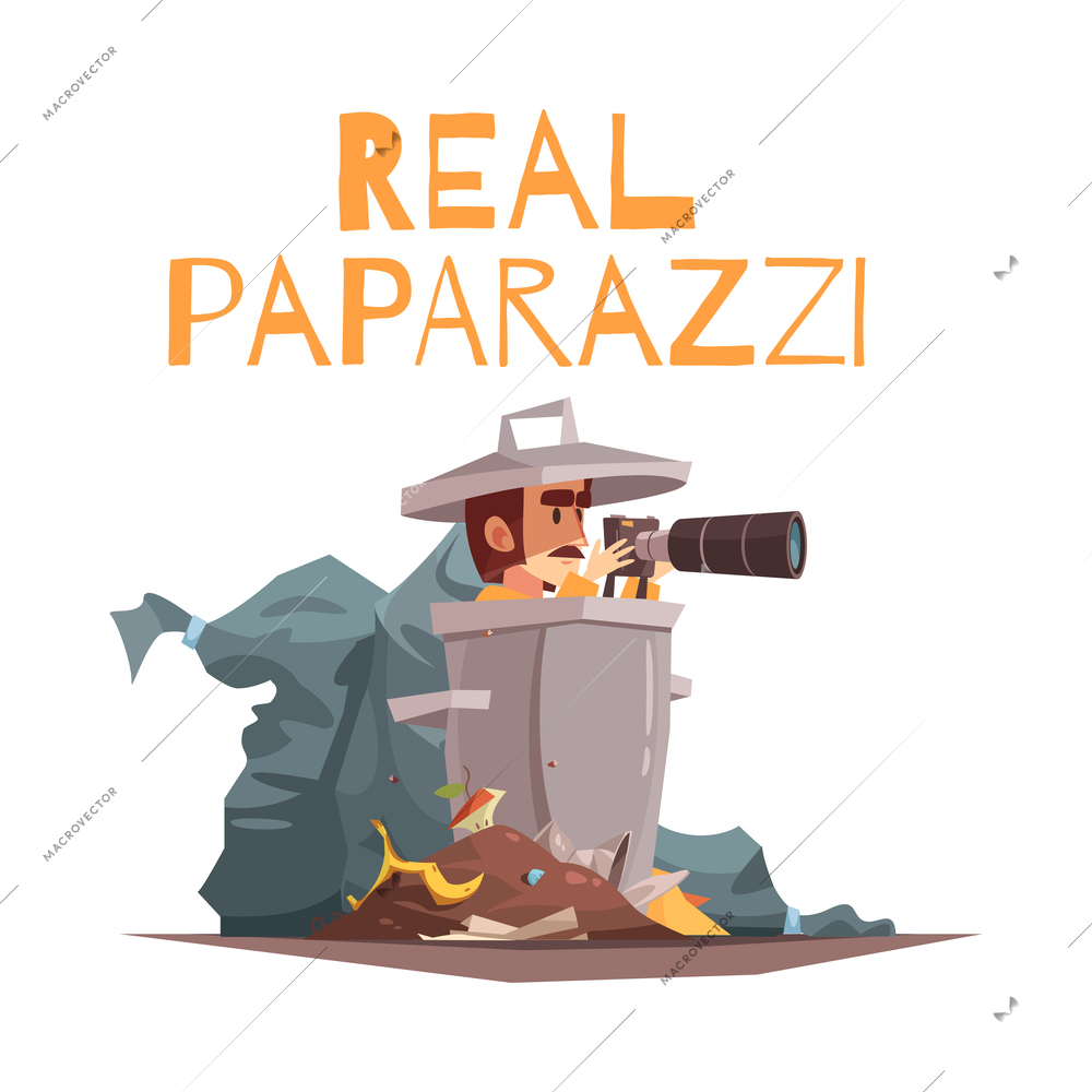 Paparazzi composition with doodle style human character of secret photographer on blank background vector illustration