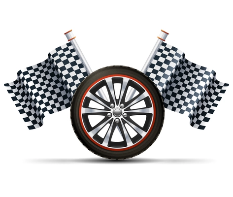 Realistic auto car wheel with flags racing sport concept vector illustration