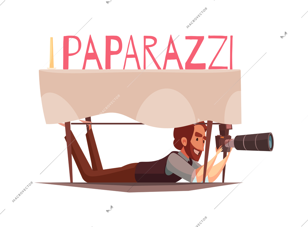 Paparazzi composition with doodle style human character of secret photographer on blank background vector illustration