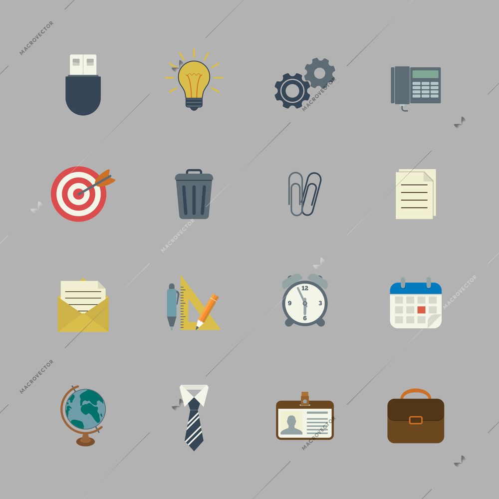 Business collection of flat stationery office supplies color icons isolated vector illustration