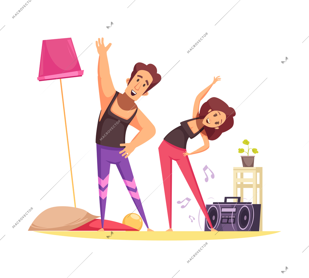 Wake up morning composition with doodle style characters of loving couple daily routine vector illustration
