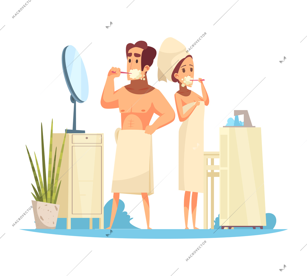 Wake up morning composition with doodle style characters of loving couple daily routine vector illustration