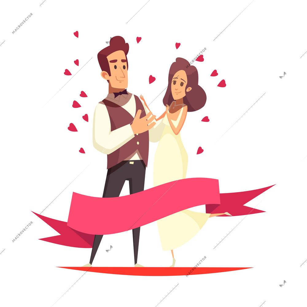 Newlyweds composition with doodle human characters of bride and groom surrounded by red heart symbols vector illustration