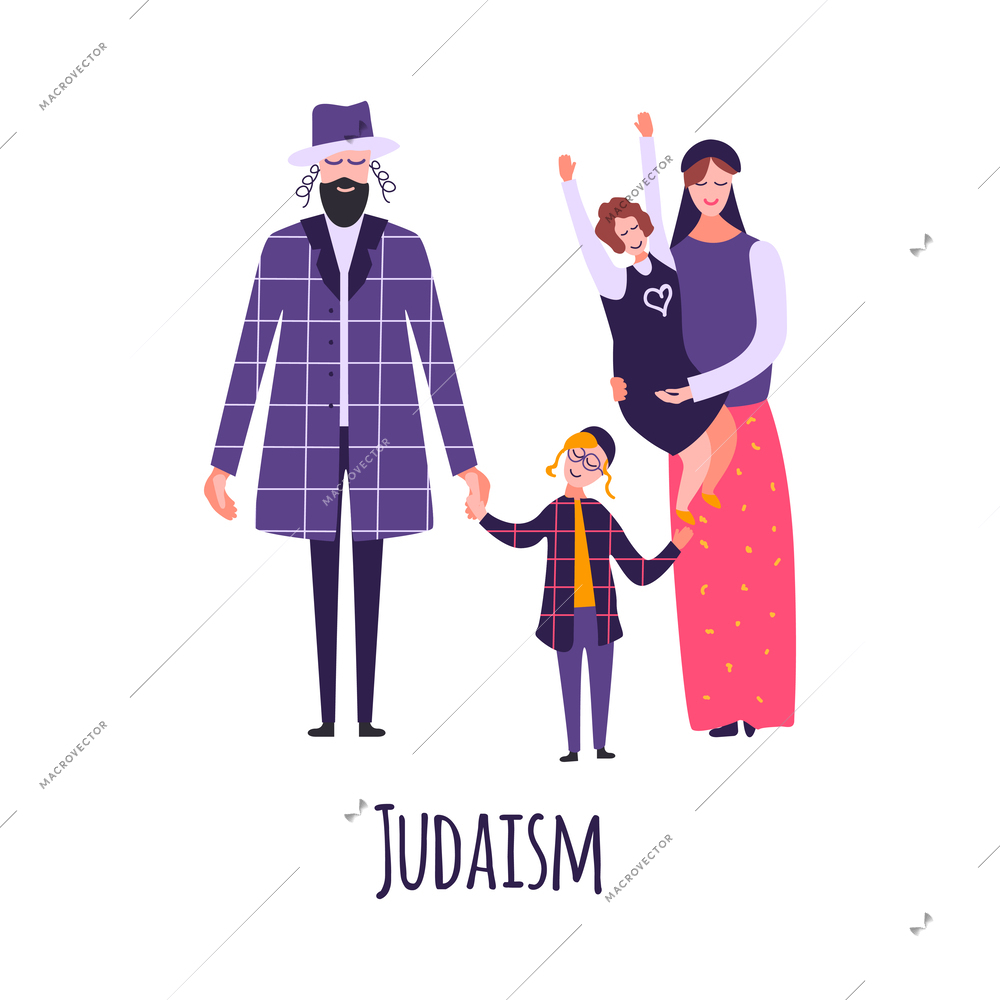 Different religious people family composition with flat doodle style characters of parents and children vector illustration