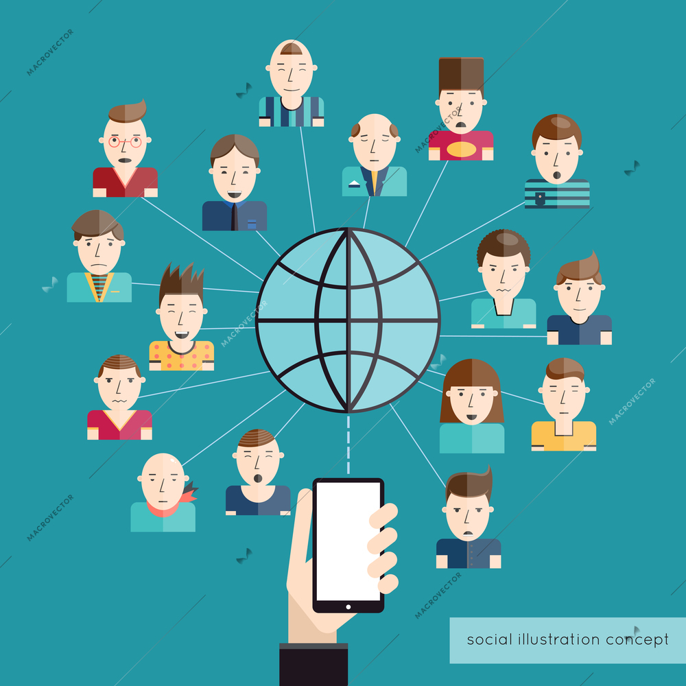 Social communication concept with people avatars globe and hand with mobile phone vector illustration