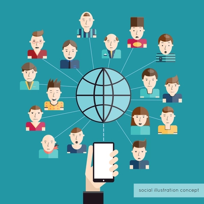 Social communication concept with people avatars globe and hand with mobile phone vector illustration