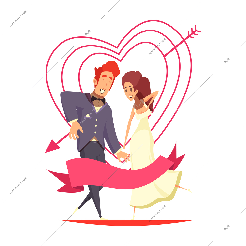 Newlyweds composition with doodle human characters of bride and groom surrounded by red heart symbols vector illustration