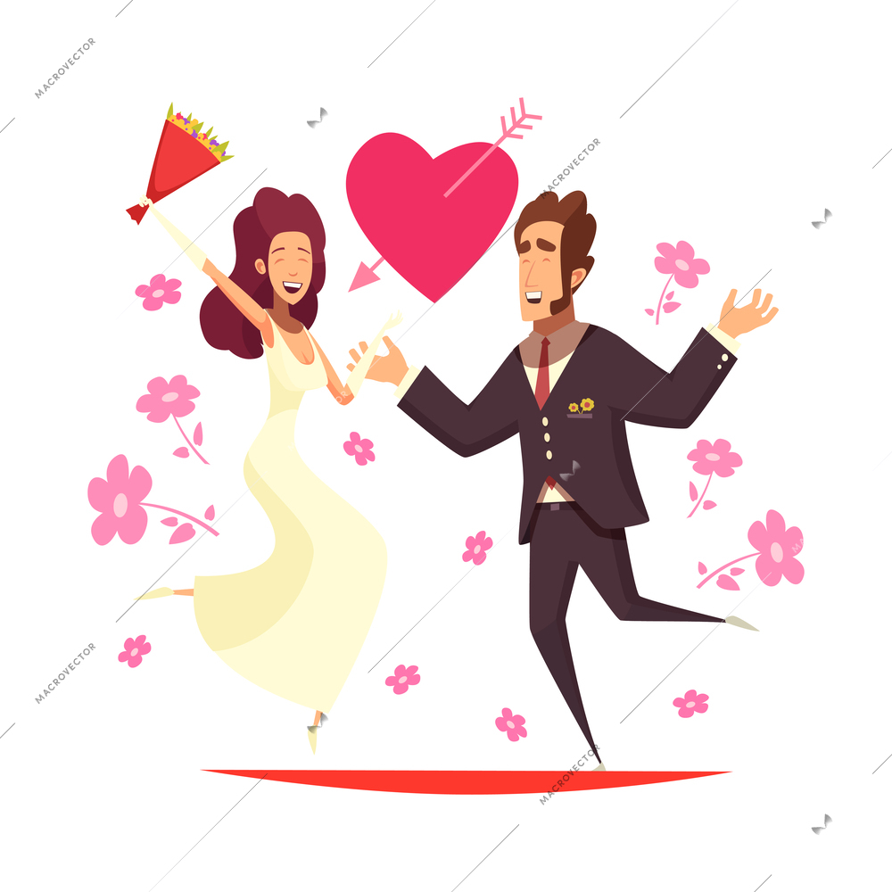 Newlyweds composition with doodle human characters of bride and groom surrounded by red heart symbols vector illustration