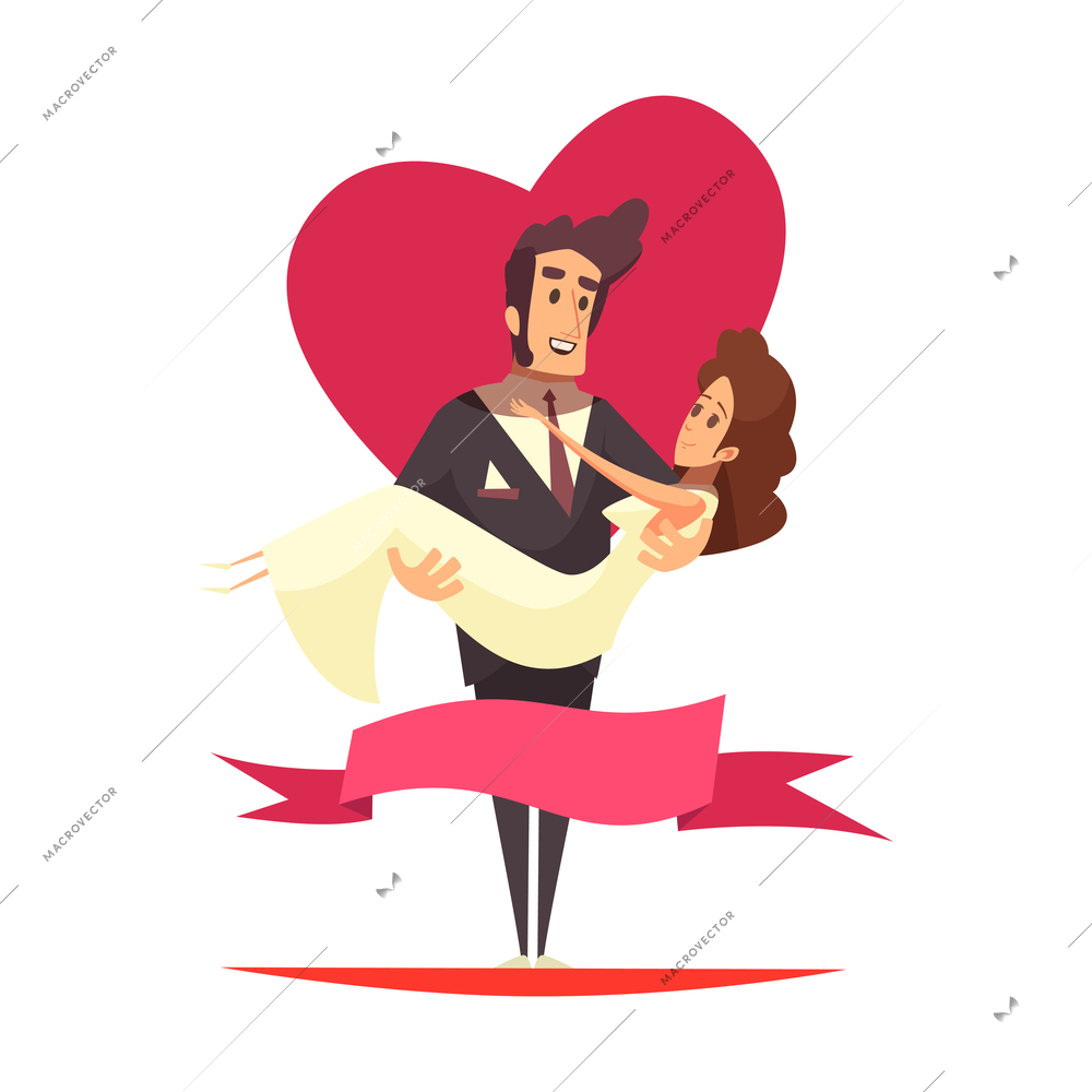 Newlyweds composition with doodle human characters of bride and groom surrounded by red heart symbols vector illustration