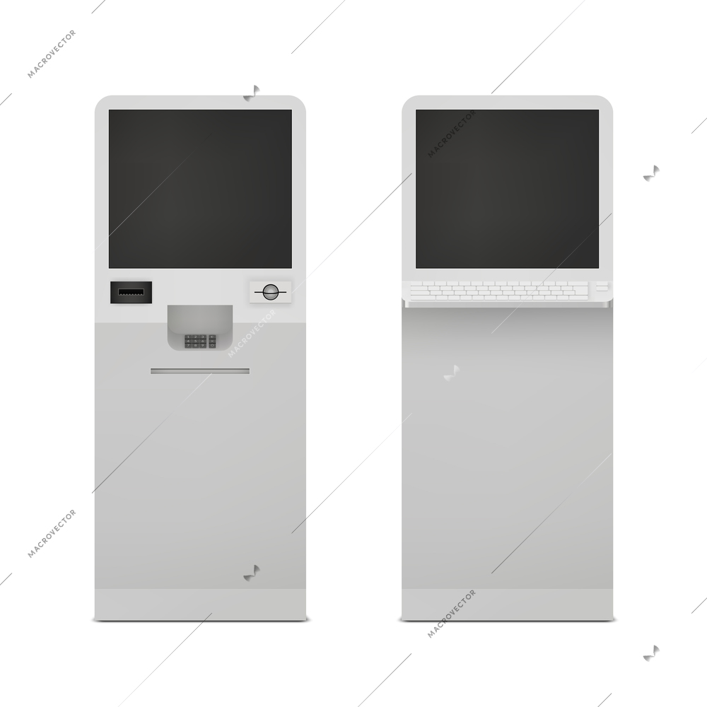 Realistic information self service terminal computer stand set isolated vector illustration