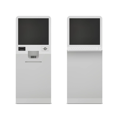 Realistic information self service terminal computer stand set isolated vector illustration