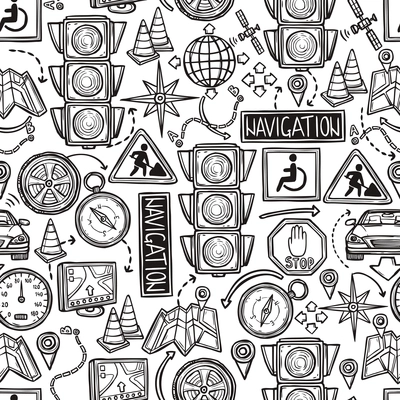 Navigation hand drawn seamless pattern with traffic signs map and satellite vector illustration