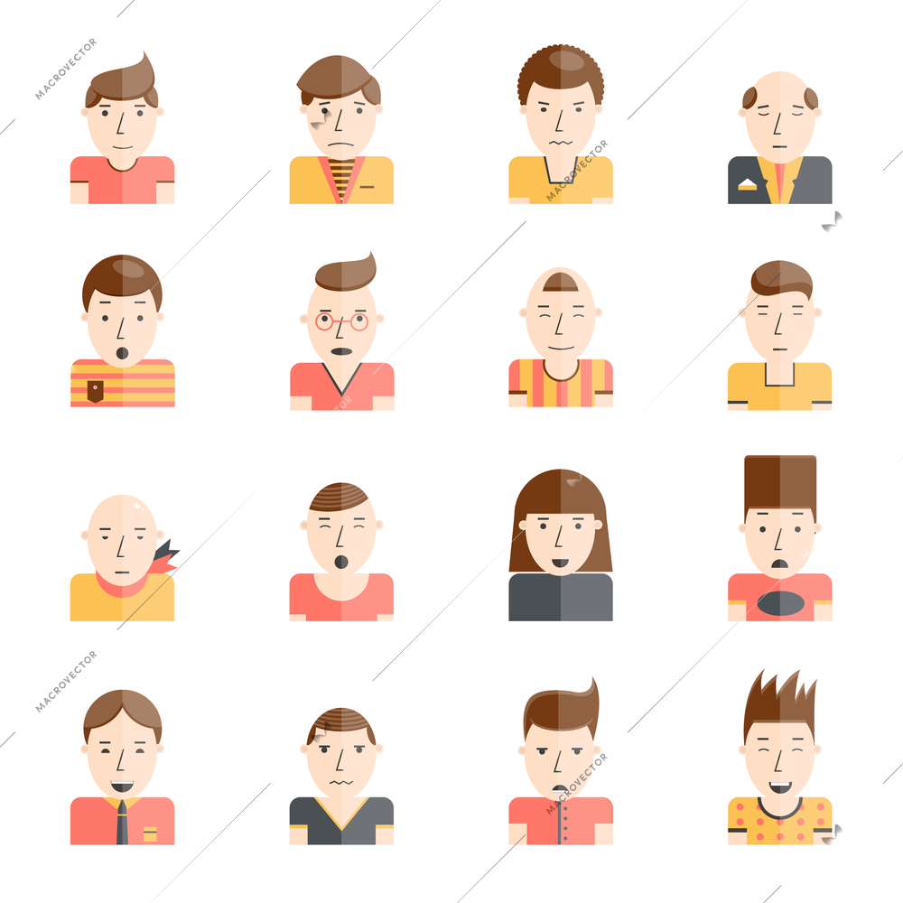 Man faces collection with mood expressions flat icons set isolated vector illustration